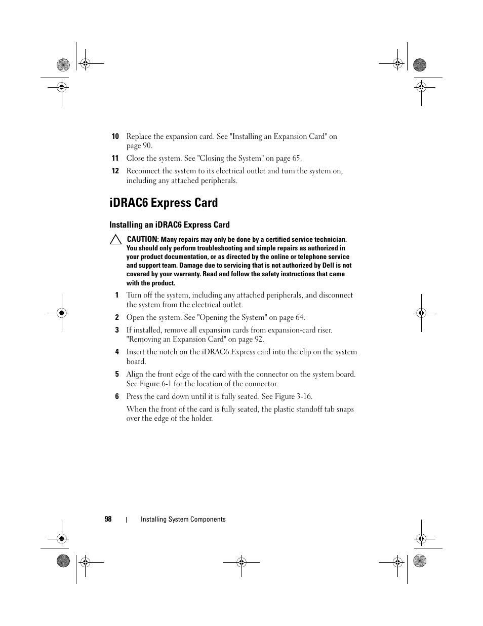 Idrac6 express card, Installing an idrac6 express card | Dell PowerVault DL2200 User Manual | Page 98 / 164