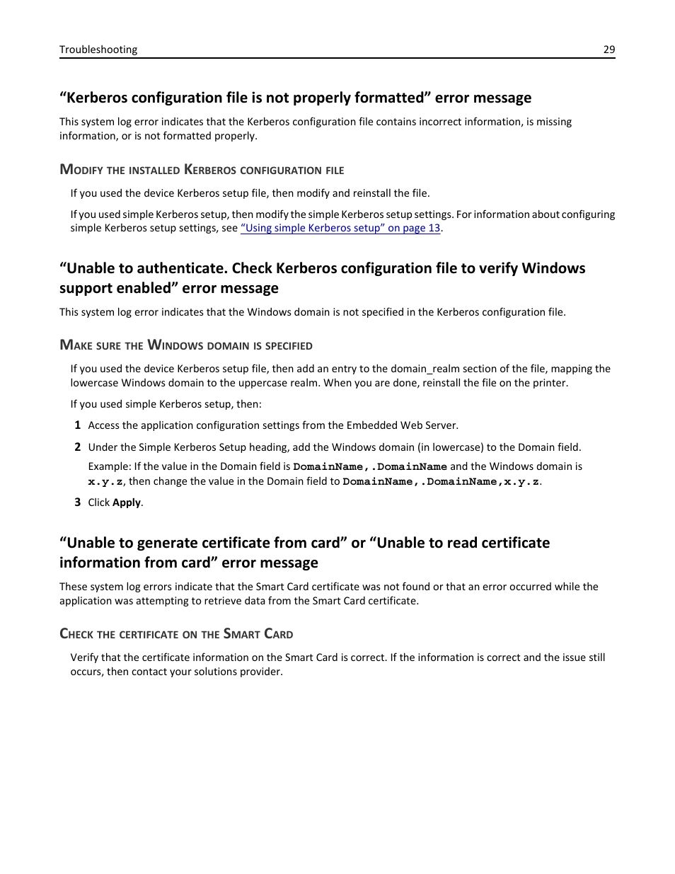 Modify the installed kerberos configuration file, Make sure the windows domain is specified, Check the certificate on the smart card | Dell B3465dnf Mono Laser Multifunction Printer User Manual | Page 29 / 52