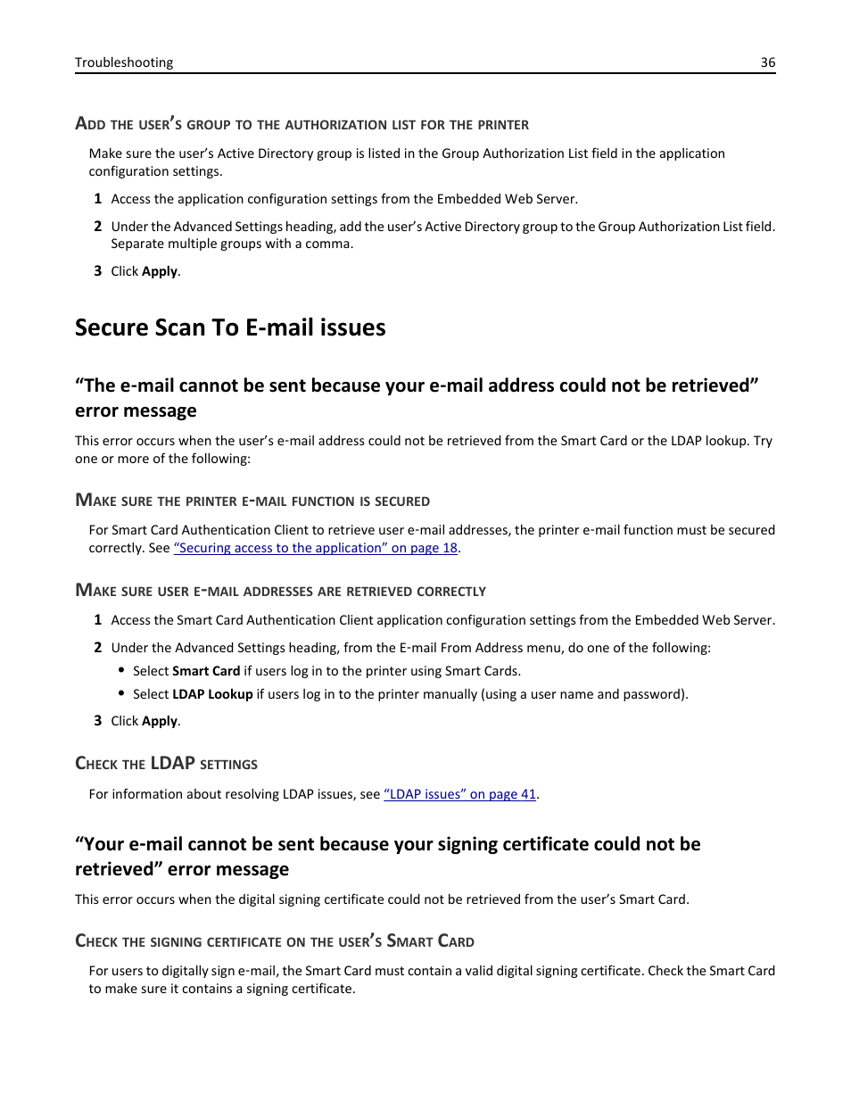 Secure scan to e-mail issues, Make sure the printer e-mail function is secured, Check the ldap settings | Ldap | Dell B3465dnf Mono Laser Multifunction Printer User Manual | Page 36 / 52