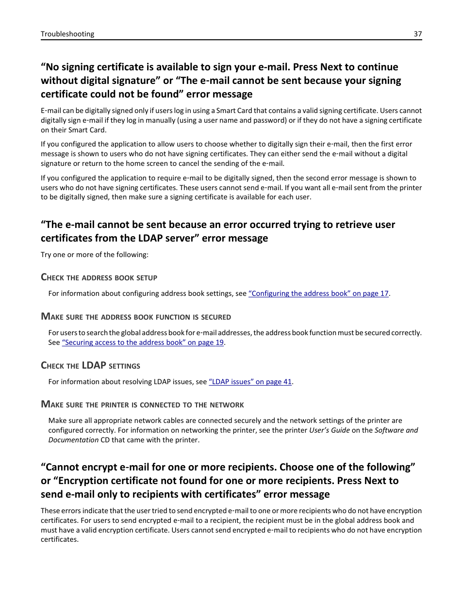 Check the address book setup, Make sure the address book function is secured, Check the ldap settings | Make sure the printer is connected to the network, Ldap | Dell B3465dnf Mono Laser Multifunction Printer User Manual | Page 37 / 52