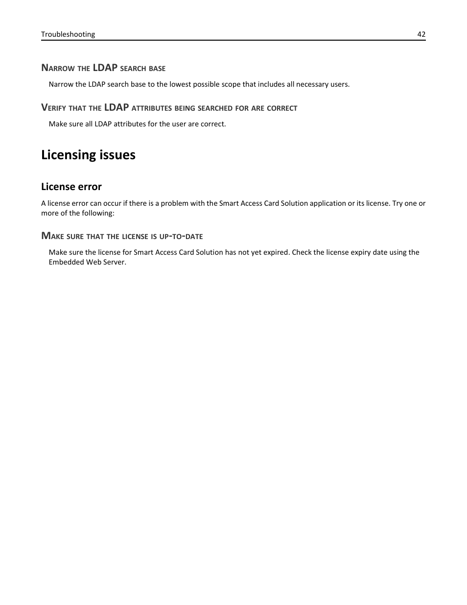 Narrow the ldap search base, Licensing issues, License error | Make sure that the license is up-to-date, Ldap | Dell B3465dnf Mono Laser Multifunction Printer User Manual | Page 42 / 52