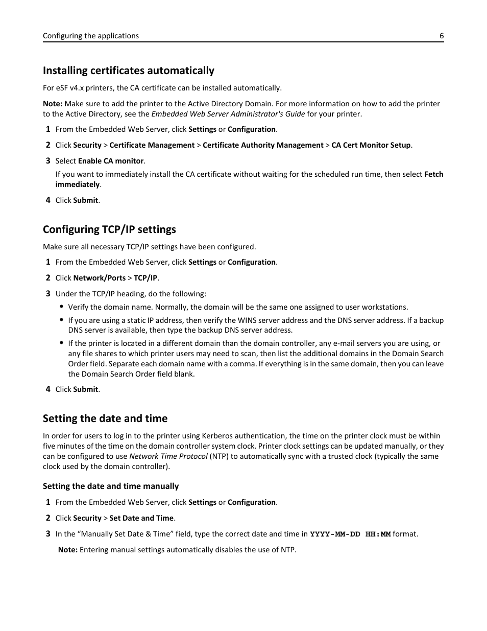 Installing certificates automatically, Configuring tcp/ip settings, Setting the date and time | Dell B3465dnf Mono Laser Multifunction Printer User Manual | Page 6 / 52