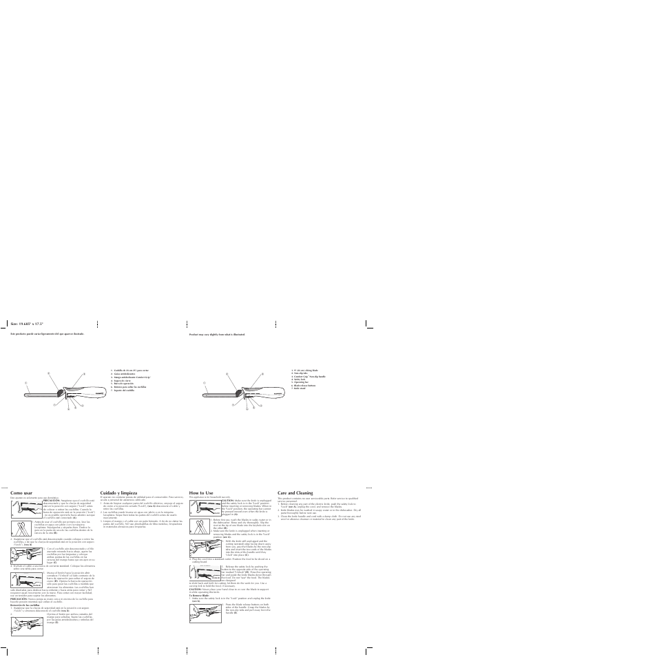 How to use, Como usar, Cuidado y limpieza | Care and cleaning | Black & Decker SLICE RIGHT EK701 User Manual | Page 2 / 2