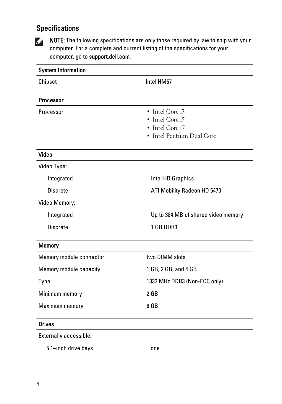 Specifications | Dell Vostro 330 (Early 2011) User Manual | Page 4 / 7