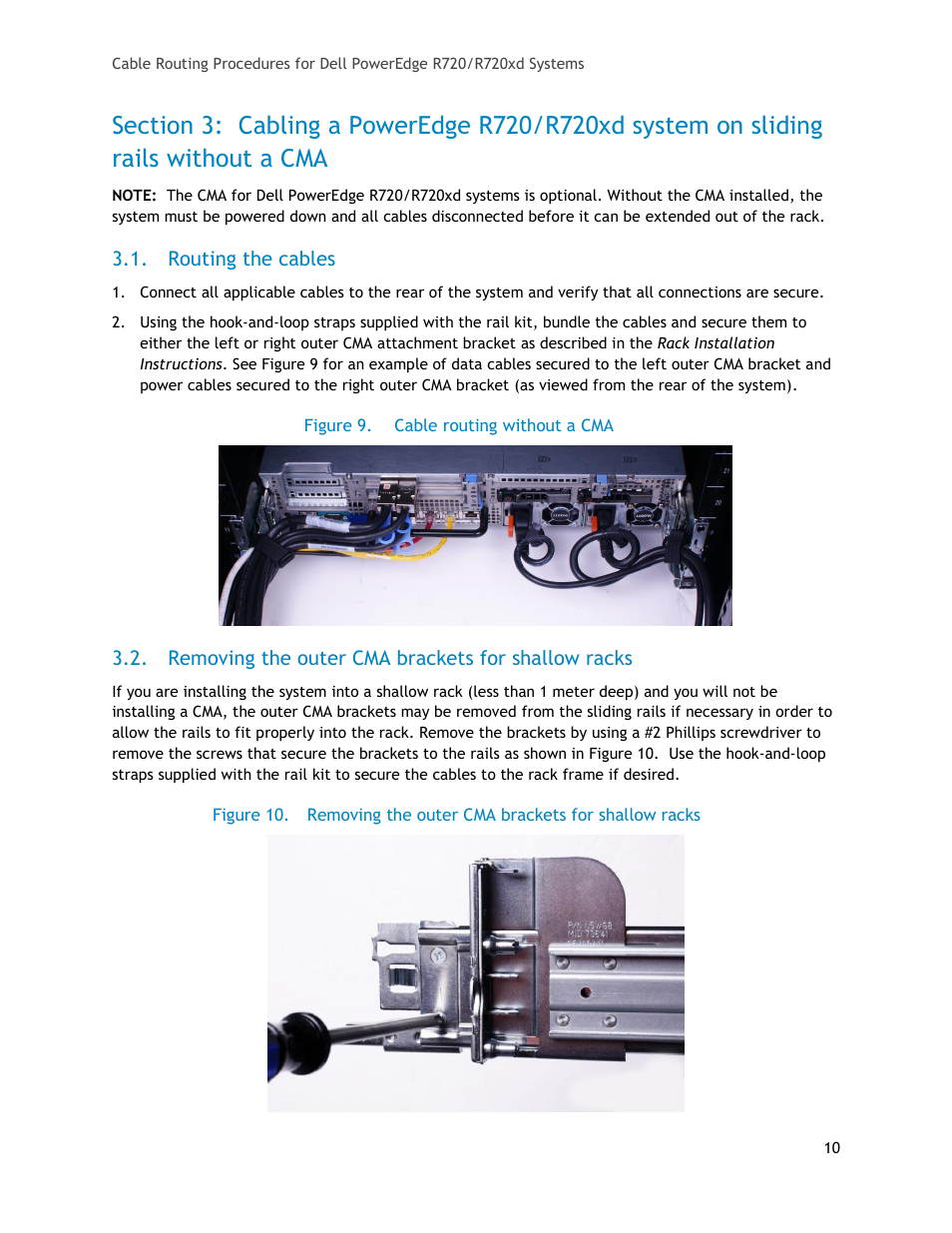 Routing the cables, Removing the outer cma brackets for shallow racks, Figure 9 | Cable routing without a cma, Figure 10 | Dell PowerEdge Rack Enclosure 4820 User Manual | Page 10 / 11