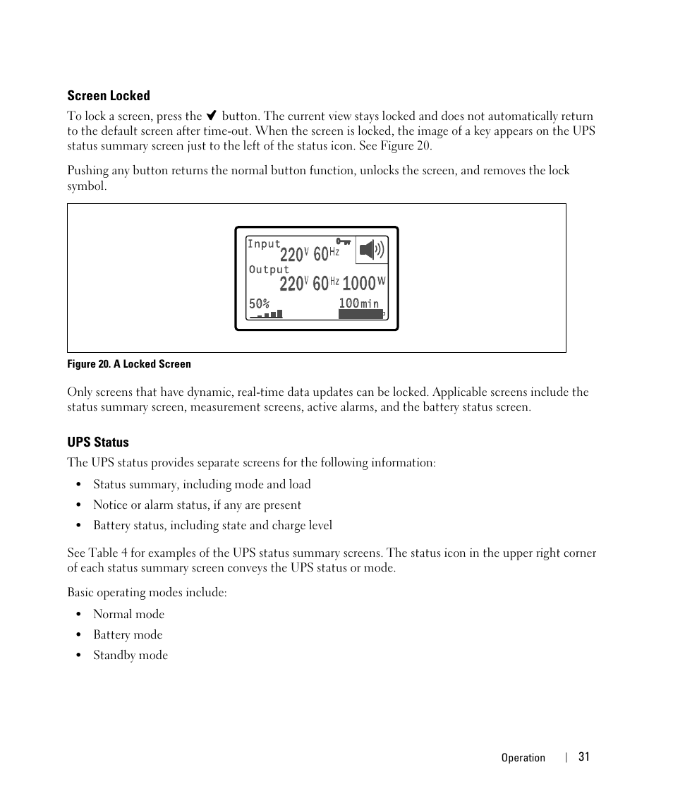 Screen locked, Ups status | Dell UPS 1920T User Manual | Page 31 / 63