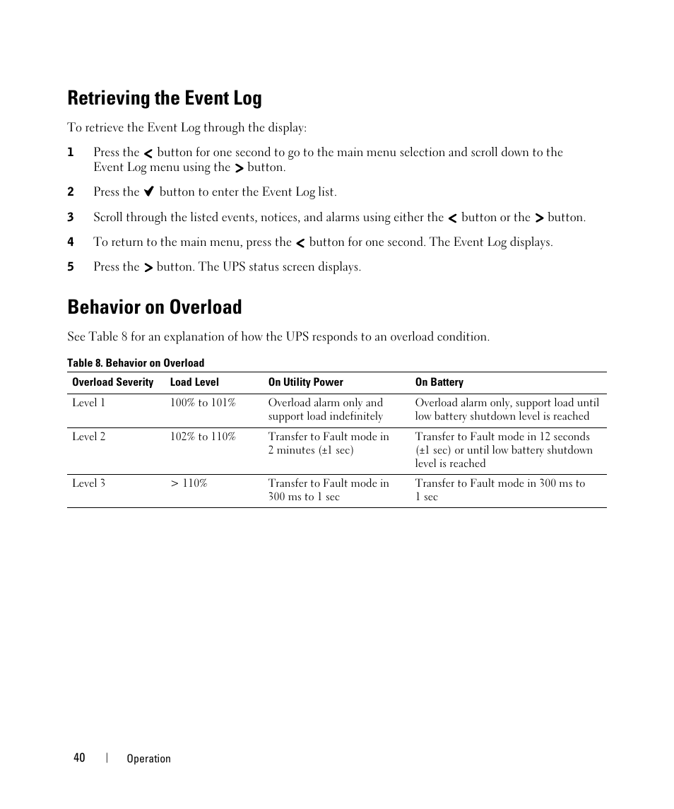 Retrieving the event log, Behavior on overload | Dell UPS 1920T User Manual | Page 40 / 63