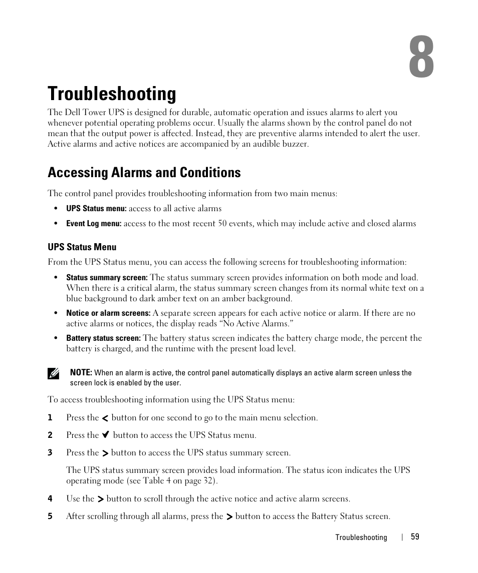 Troubleshooting, Accessing alarms and conditions, Ups status menu | Dell UPS 1920T User Manual | Page 59 / 63