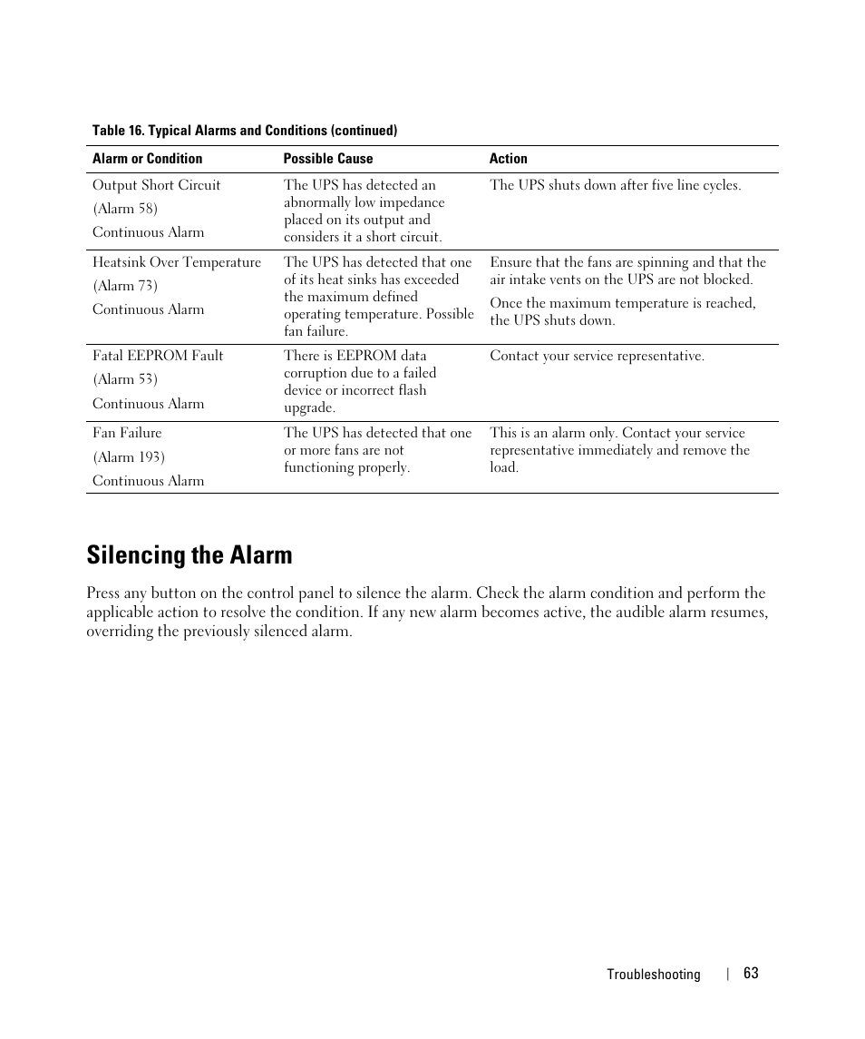 Silencing the alarm | Dell UPS 1920T User Manual | Page 63 / 63