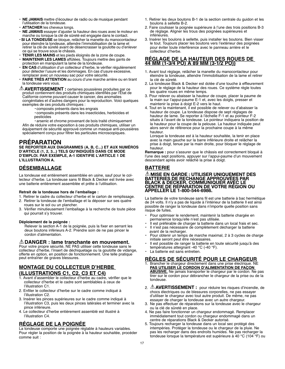 Préparation, Désemballage, Danger : lame tranchante en mouvement | Réglage de la poignée, Batterie, Règles de sécurité pour le chargeur | Black & Decker 90514757 User Manual | Page 17 / 32