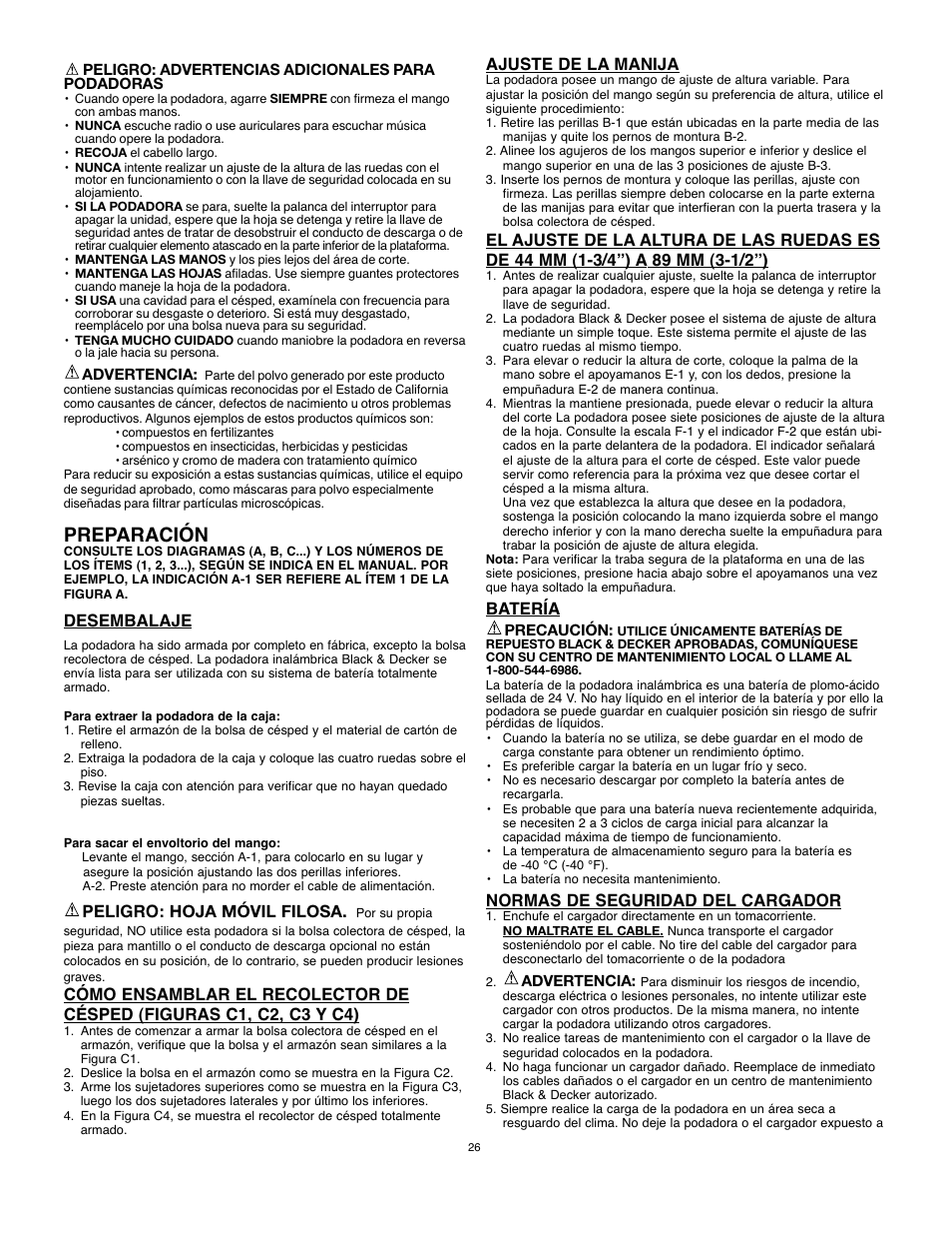 Preparación, Desembalaje, Peligro: hoja móvil filosa | Ajuste de la manija, Batería, Normas de seguridad del cargador | Black & Decker 90514757 User Manual | Page 26 / 32