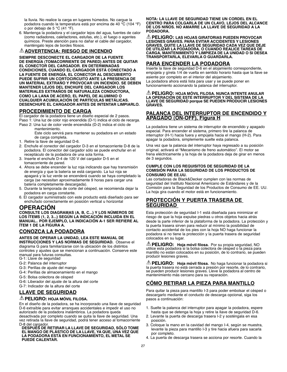 Operación, Procedimiento de carga, Conozca la podadora | Llave de seguridad, Para encender la podadora, Protección y puerta trasera de seguridad, Cómo retirar la pieza para mantillo | Black & Decker 90514757 User Manual | Page 27 / 32