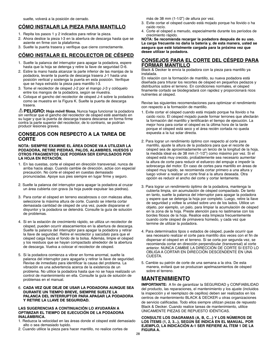 Mantenimiento, Cómo instalar la pieza para mantillo, Cómo instalar el recolector de césped | Consejos con respecto a la tarea de corte | Black & Decker 90514757 User Manual | Page 28 / 32