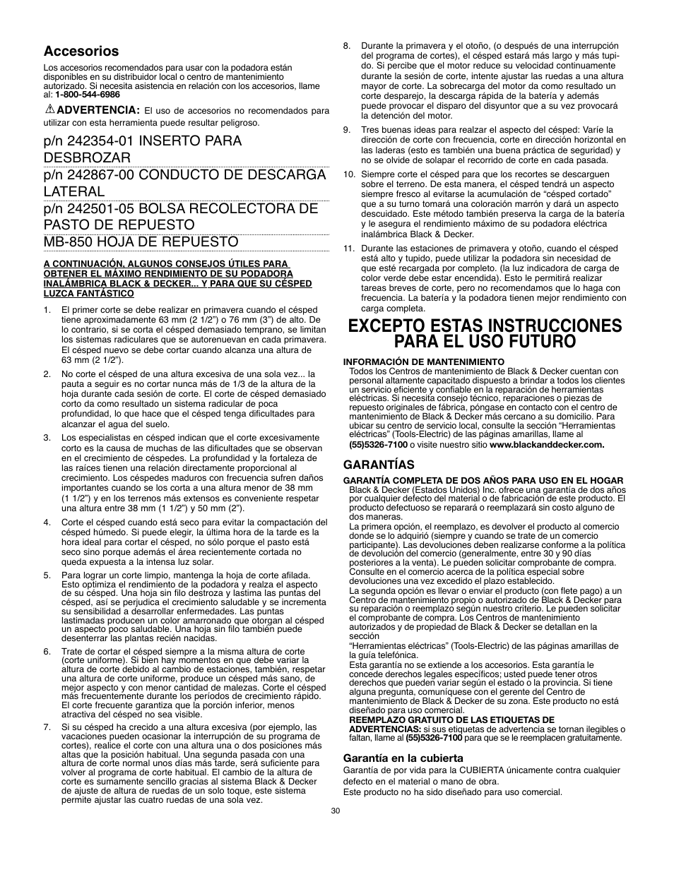 Excepto estas instrucciones para el uso futuro, Accesorios, Garantías | Black & Decker 90514757 User Manual | Page 30 / 32