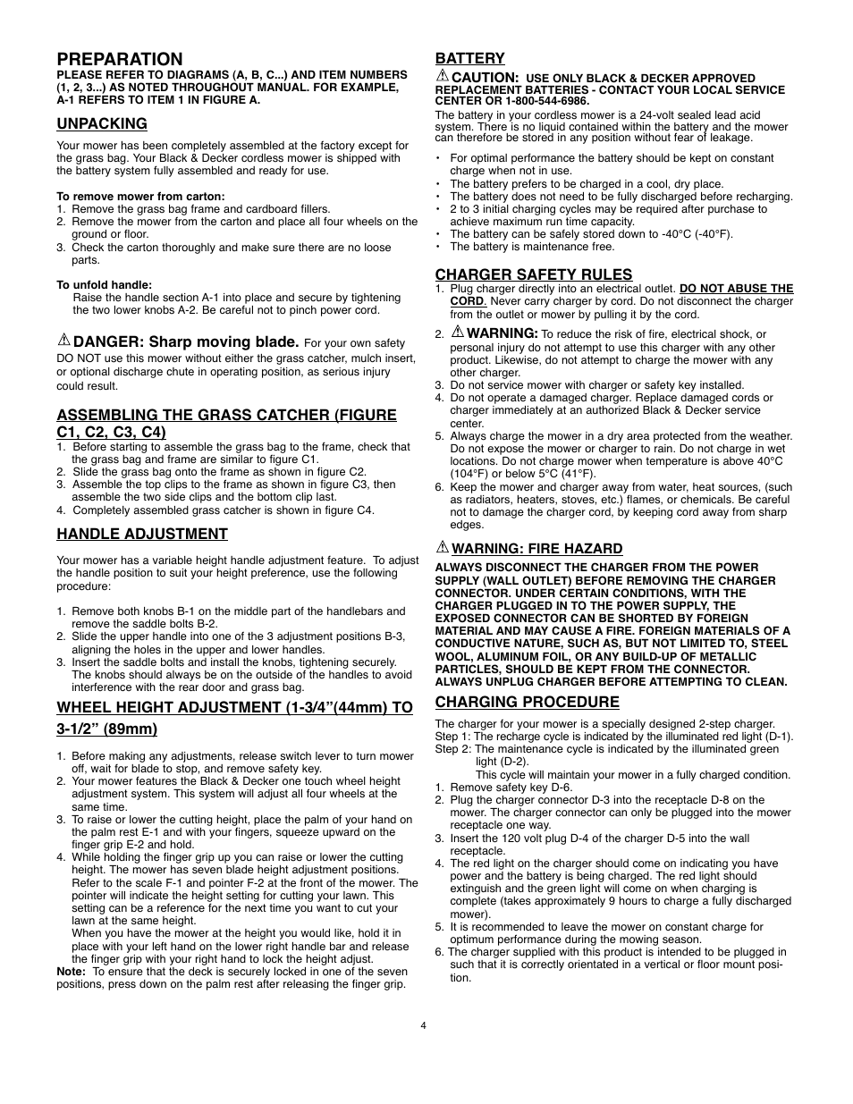 Preparation, Unpacking, Danger: sharp moving blade | Handle adjustment, Battery, Charger safety rules, Charging procedure | Black & Decker 90514757 User Manual | Page 4 / 32