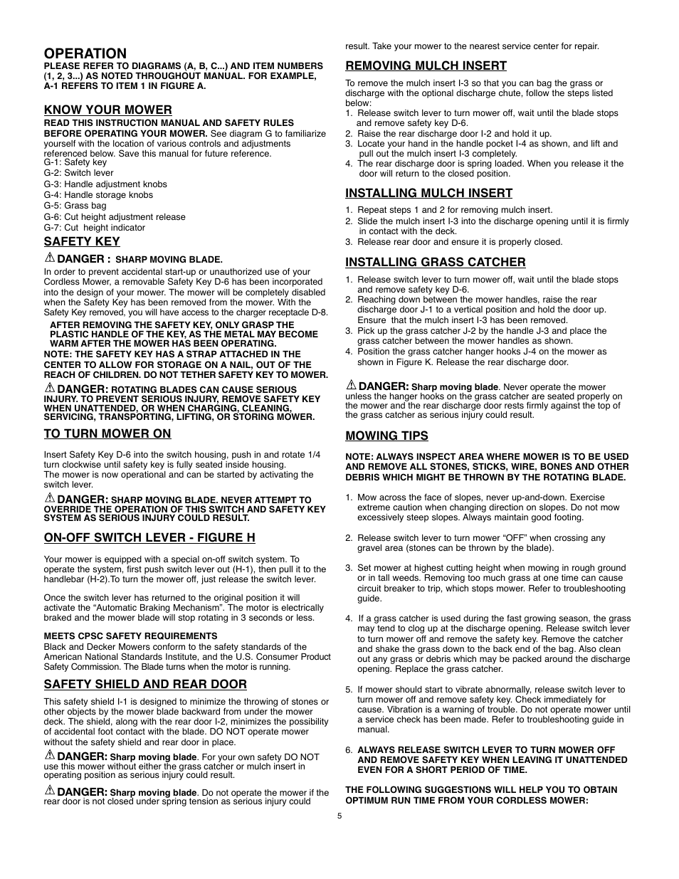 Operation, Know your mower, Safety key | On-off switch lever - figure h, Safety shield and rear door, Removing mulch insert, Installing mulch insert, Installing grass catcher, Mowing tips | Black & Decker 90514757 User Manual | Page 5 / 32