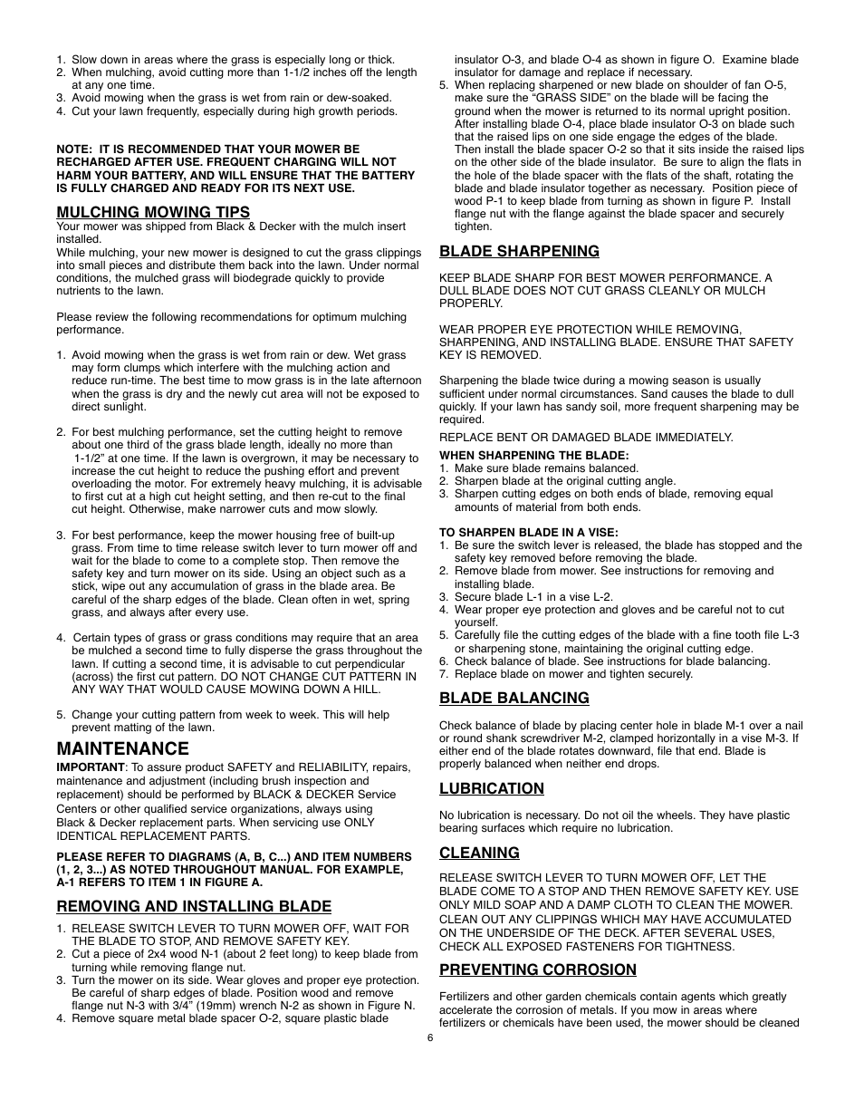 Maintenance, Mulching mowing tips, Removing and installing blade | Blade sharpening, Blade balancing, Lubrication, Cleaning, Preventing corrosion | Black & Decker 90514757 User Manual | Page 6 / 32