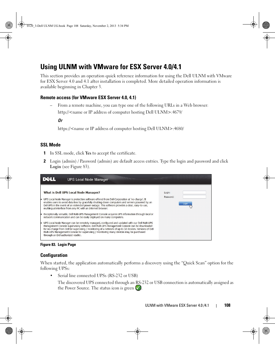 Using ulnm with vmware for esx server 4.0/4.1, Remote access (for vmware esx server 4.0, 4.1), Ssl mode | Configuration | Dell UPS 1000T User Manual | Page 108 / 147