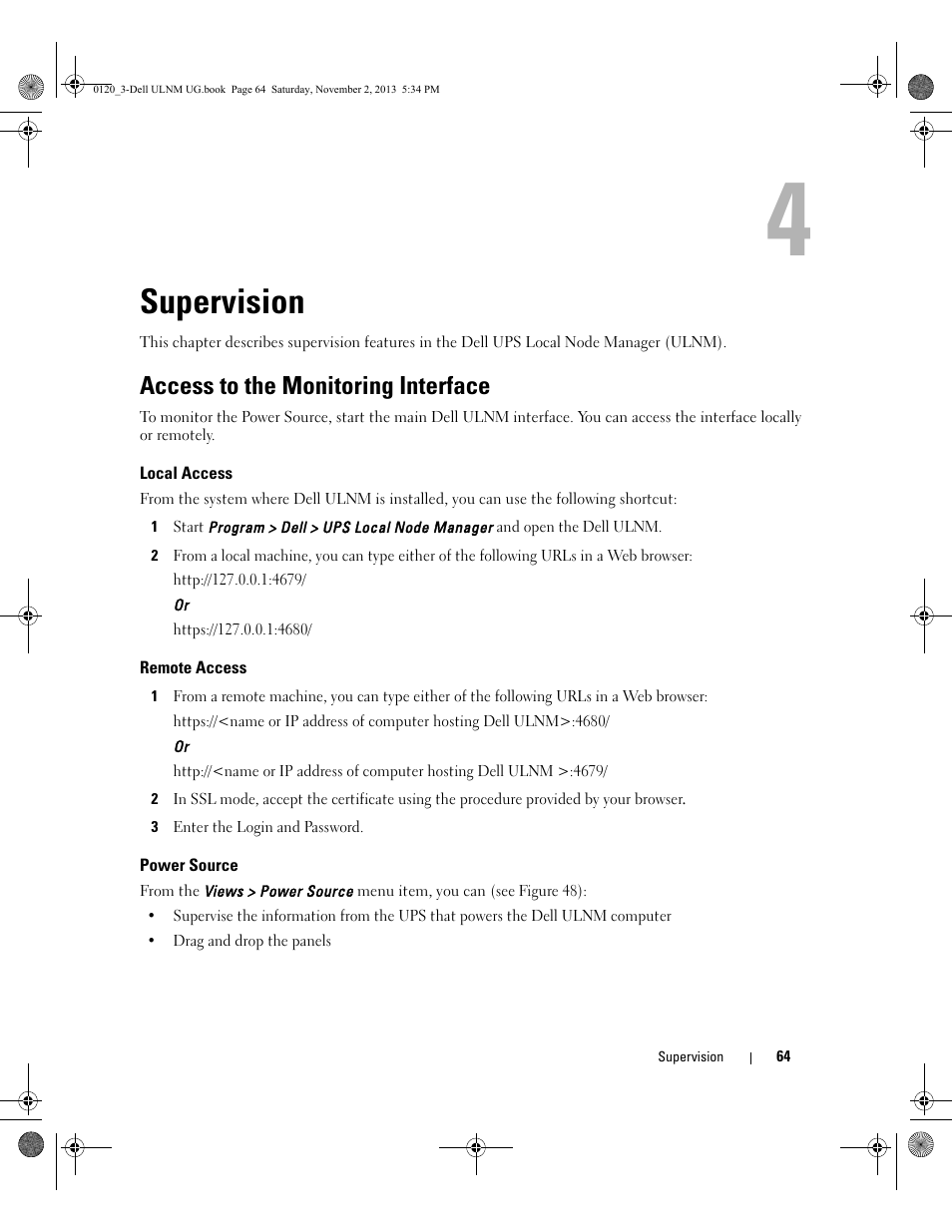 Supervision, Access to the monitoring interface, Local access | Remote access, Power source, 4 supervision | Dell UPS 1000T User Manual | Page 64 / 147