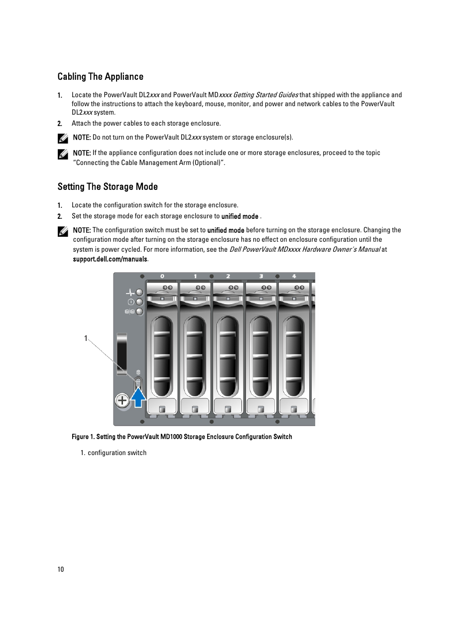 Cabling the appliance, Setting the storage mode | Dell PowerVault DL2000 User Manual | Page 10 / 69