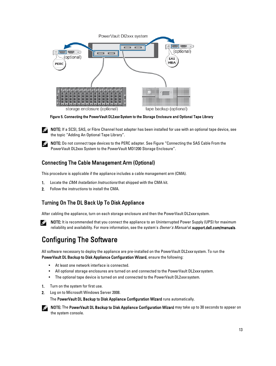 Connecting the cable management arm (optional), Turning on the dl back up to disk appliance, Configuring the software | Dell PowerVault DL2000 User Manual | Page 13 / 69