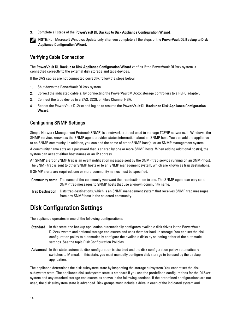 Verifying cable connection, Configuring snmp settings, Disk configuration settings | Dell PowerVault DL2000 User Manual | Page 14 / 69