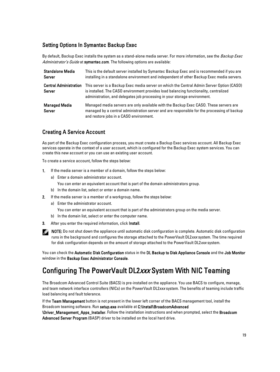 Setting options in symantec backup exec, Creating a service account, Configuring the powervault dl2 | System with nic teaming | Dell PowerVault DL2000 User Manual | Page 19 / 69