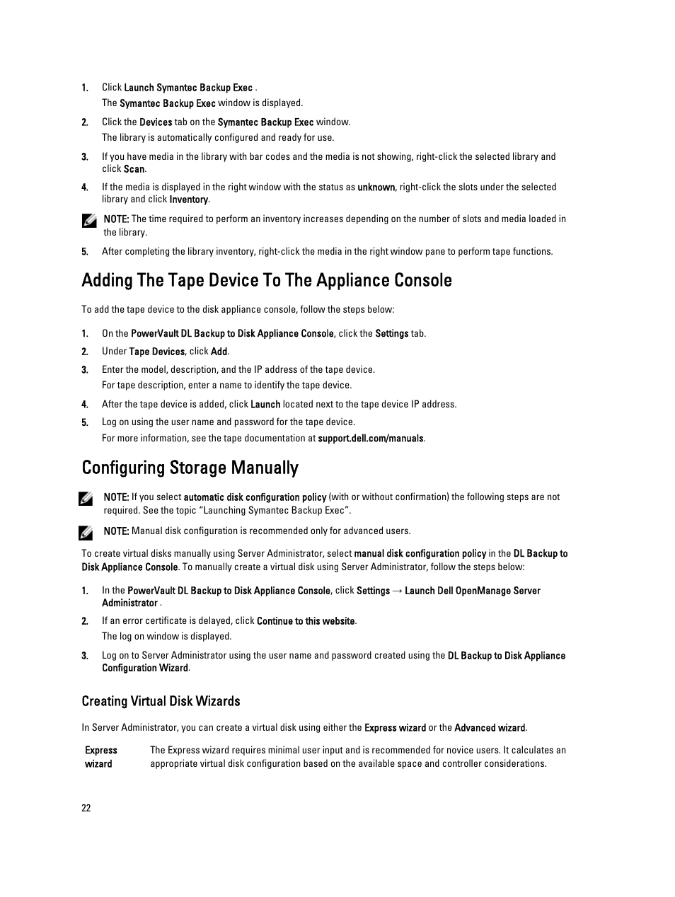Adding the tape device to the appliance console, Configuring storage manually, Creating virtual disk wizards | Dell PowerVault DL2000 User Manual | Page 22 / 69