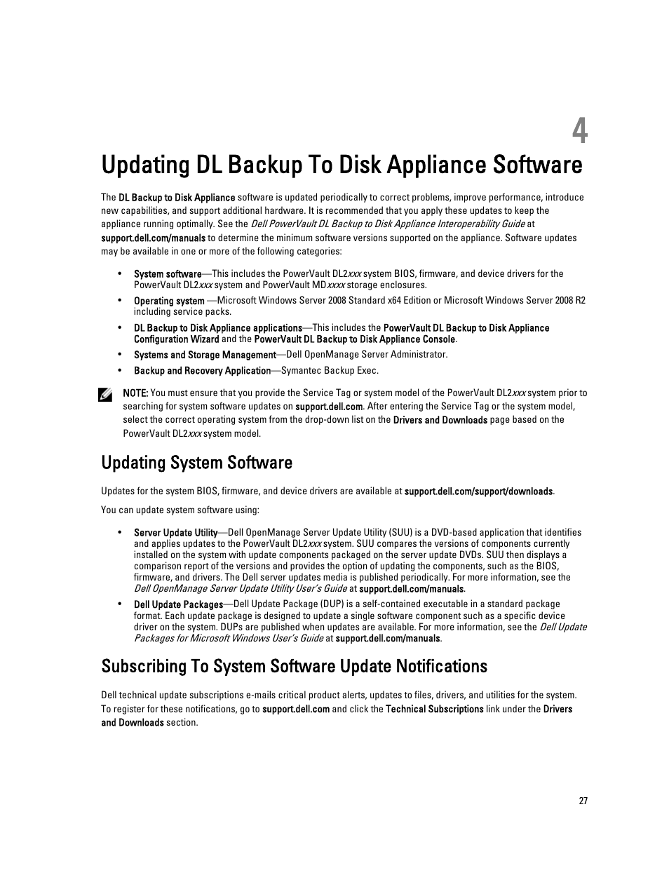 Updating dl backup to disk appliance software, Updating system software, 4 updating dl backup to disk appliance software | Dell PowerVault DL2000 User Manual | Page 27 / 69