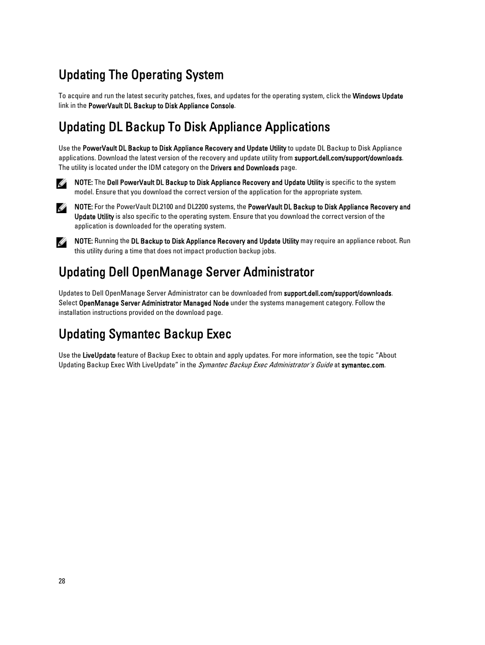 Updating the operating system, Updating dl backup to disk appliance applications, Updating dell openmanage server administrator | Updating symantec backup exec | Dell PowerVault DL2000 User Manual | Page 28 / 69