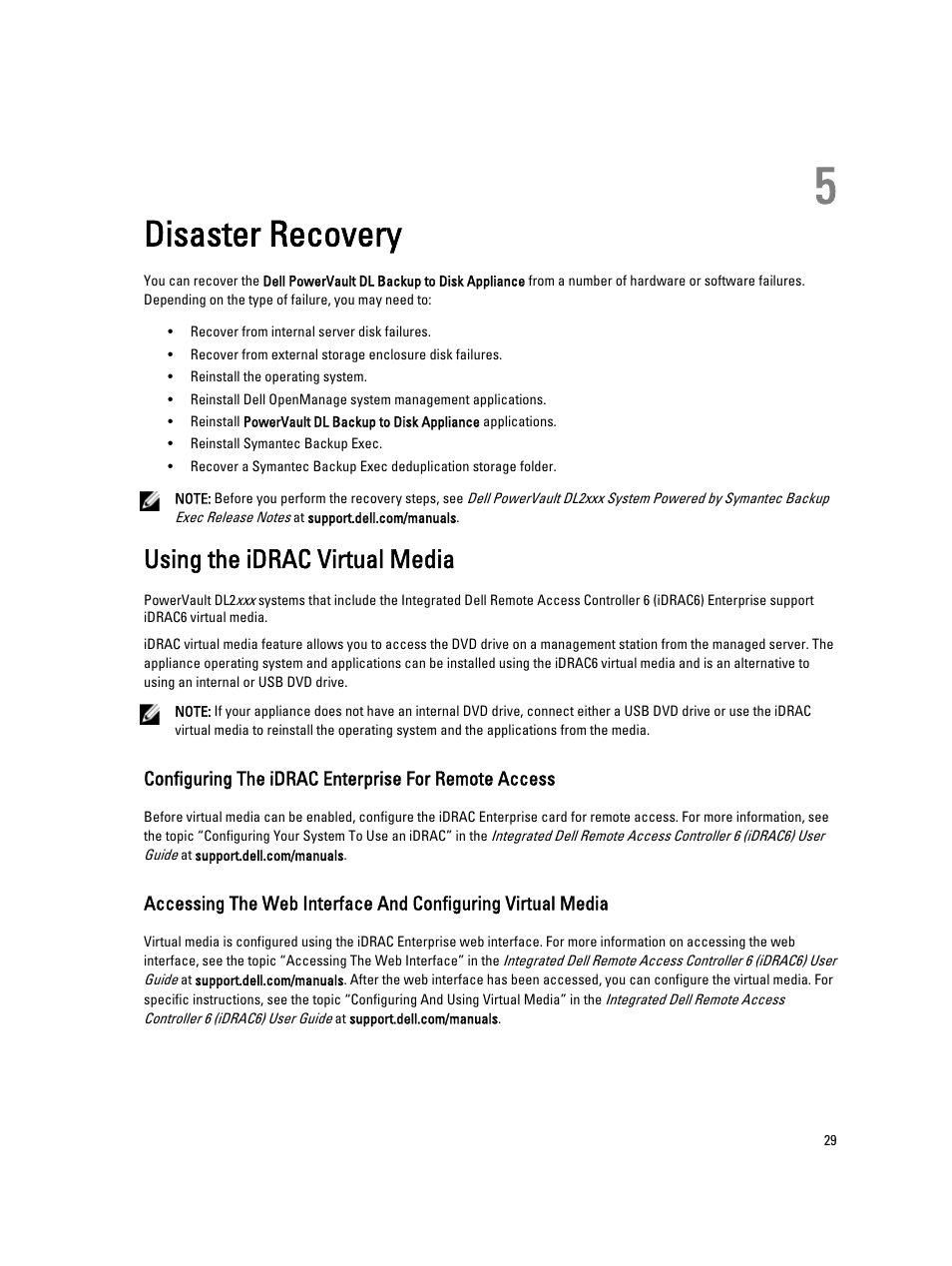 Disaster recovery, Using the idrac virtual media, Configuring the idrac enterprise for remote access | 5 disaster recovery | Dell PowerVault DL2000 User Manual | Page 29 / 69