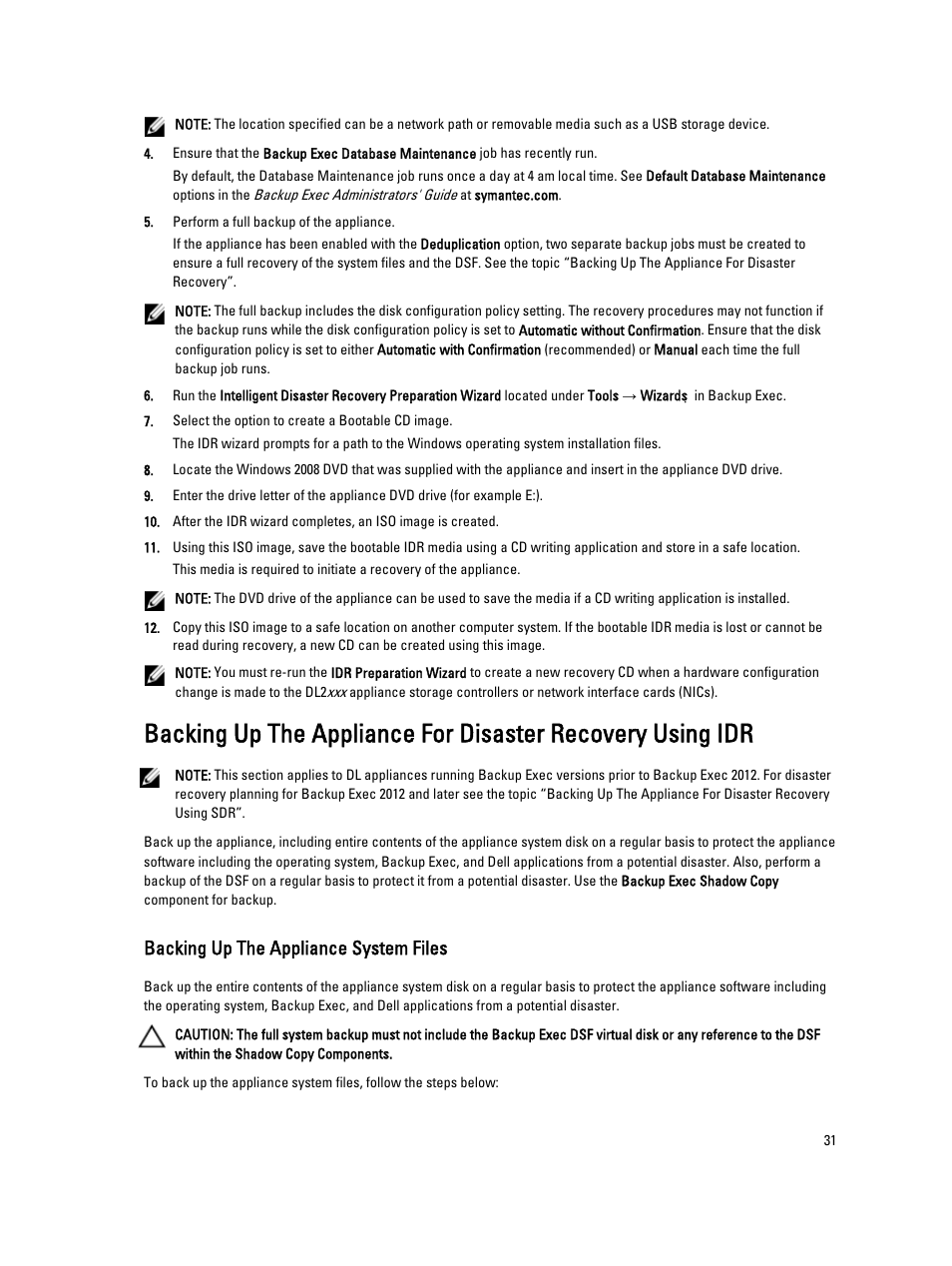 Backing up the appliance system files | Dell PowerVault DL2000 User Manual | Page 31 / 69