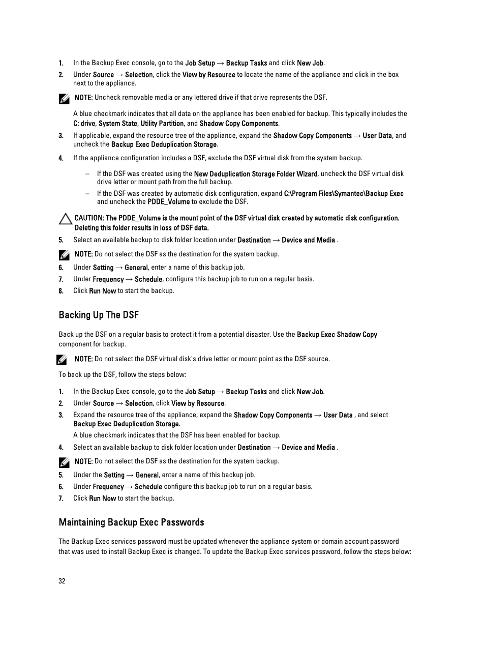 Backing up the dsf, Maintaining backup exec passwords | Dell PowerVault DL2000 User Manual | Page 32 / 69