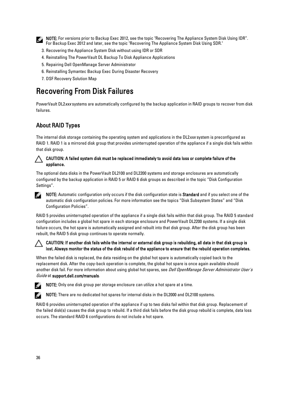 Recovering from disk failures, About raid types | Dell PowerVault DL2000 User Manual | Page 36 / 69