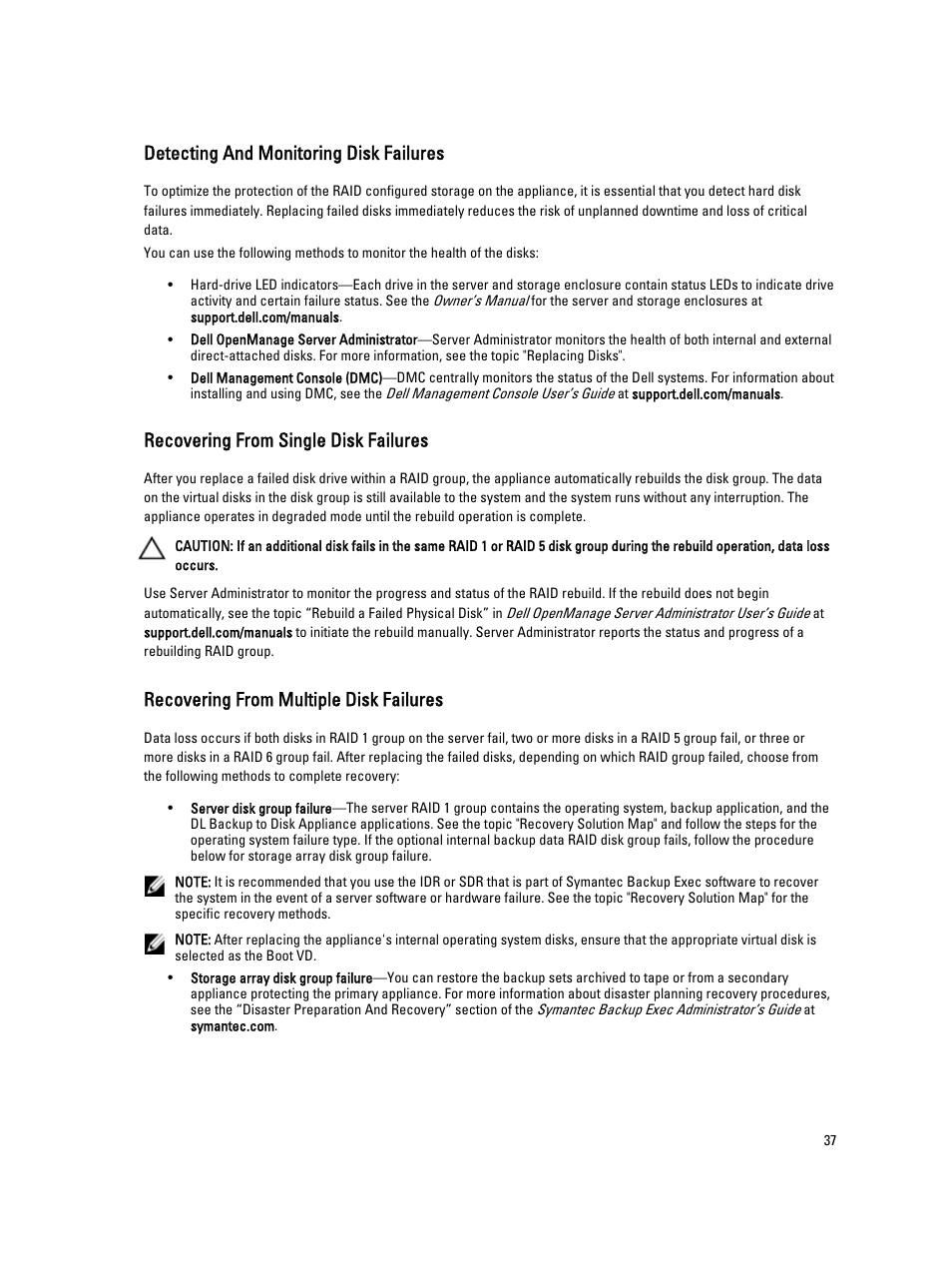 Detecting and monitoring disk failures, Recovering from single disk failures, Recovering from multiple disk failures | Dell PowerVault DL2000 User Manual | Page 37 / 69