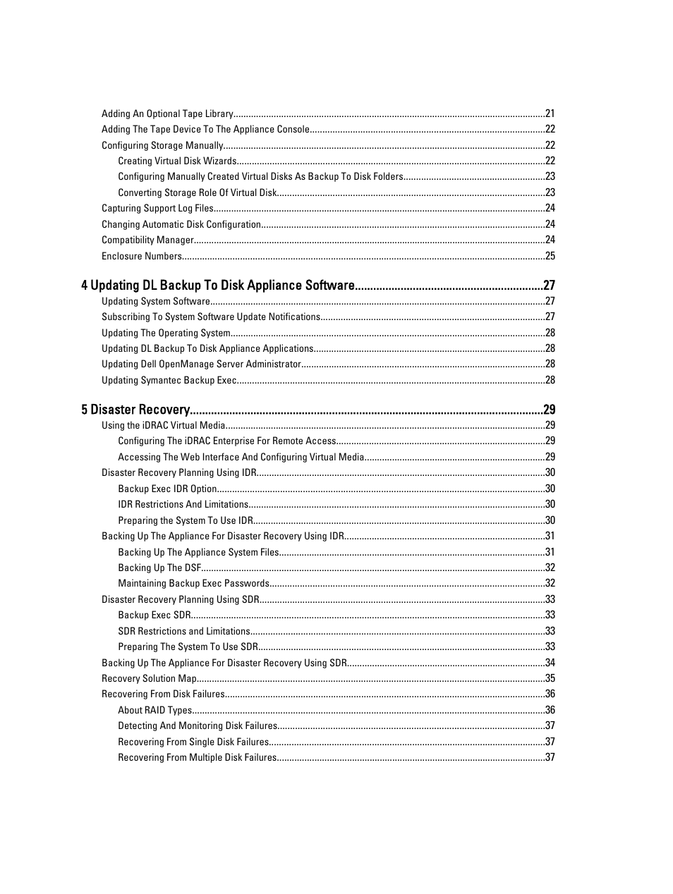 4 updating dl backup to disk appliance software, 5 disaster recovery | Dell PowerVault DL2000 User Manual | Page 4 / 69