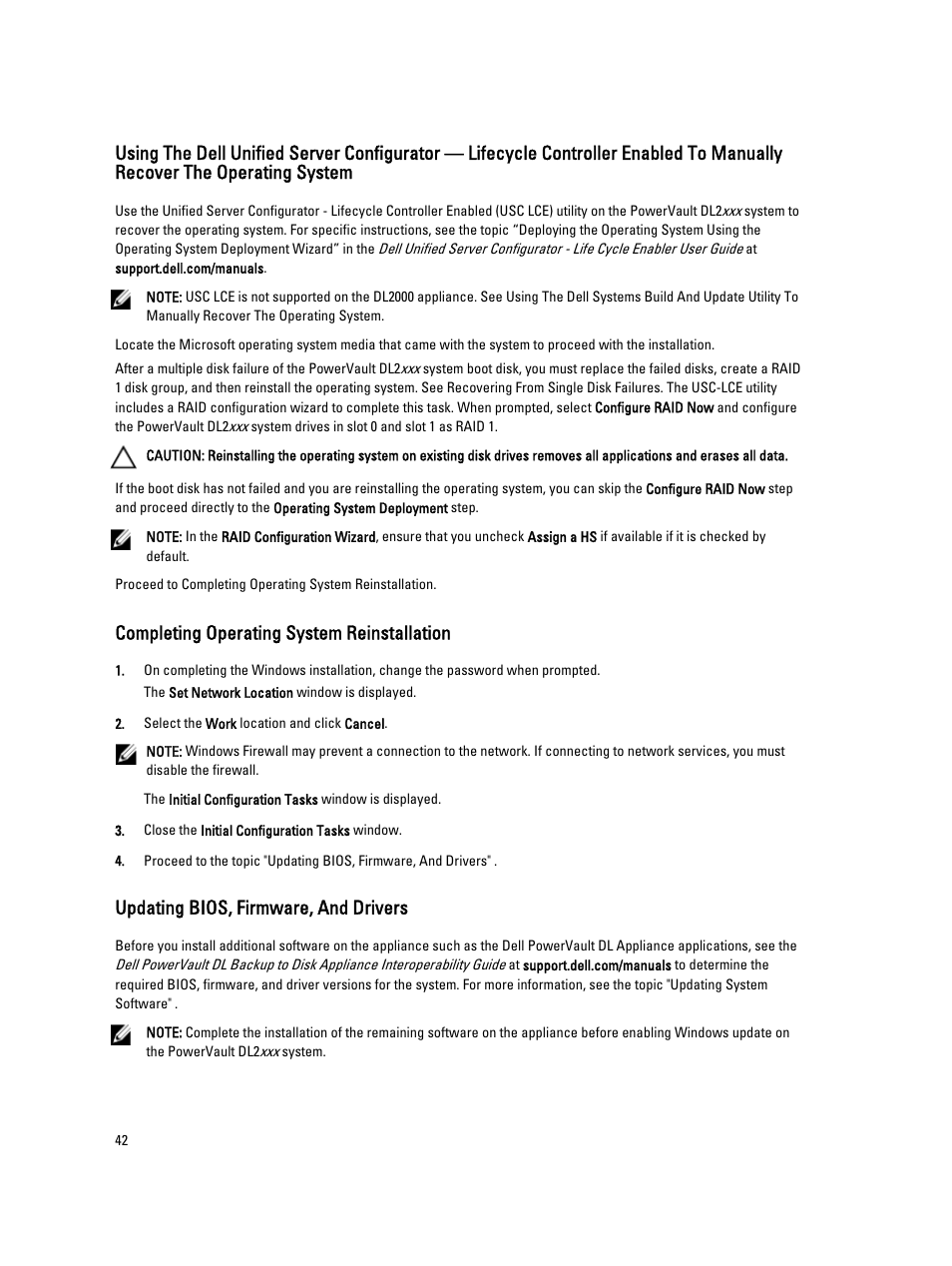 Completing operating system reinstallation, Updating bios, firmware, and drivers | Dell PowerVault DL2000 User Manual | Page 42 / 69