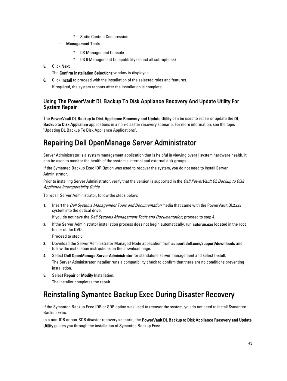 Repairing dell openmanage server administrator | Dell PowerVault DL2000 User Manual | Page 45 / 69