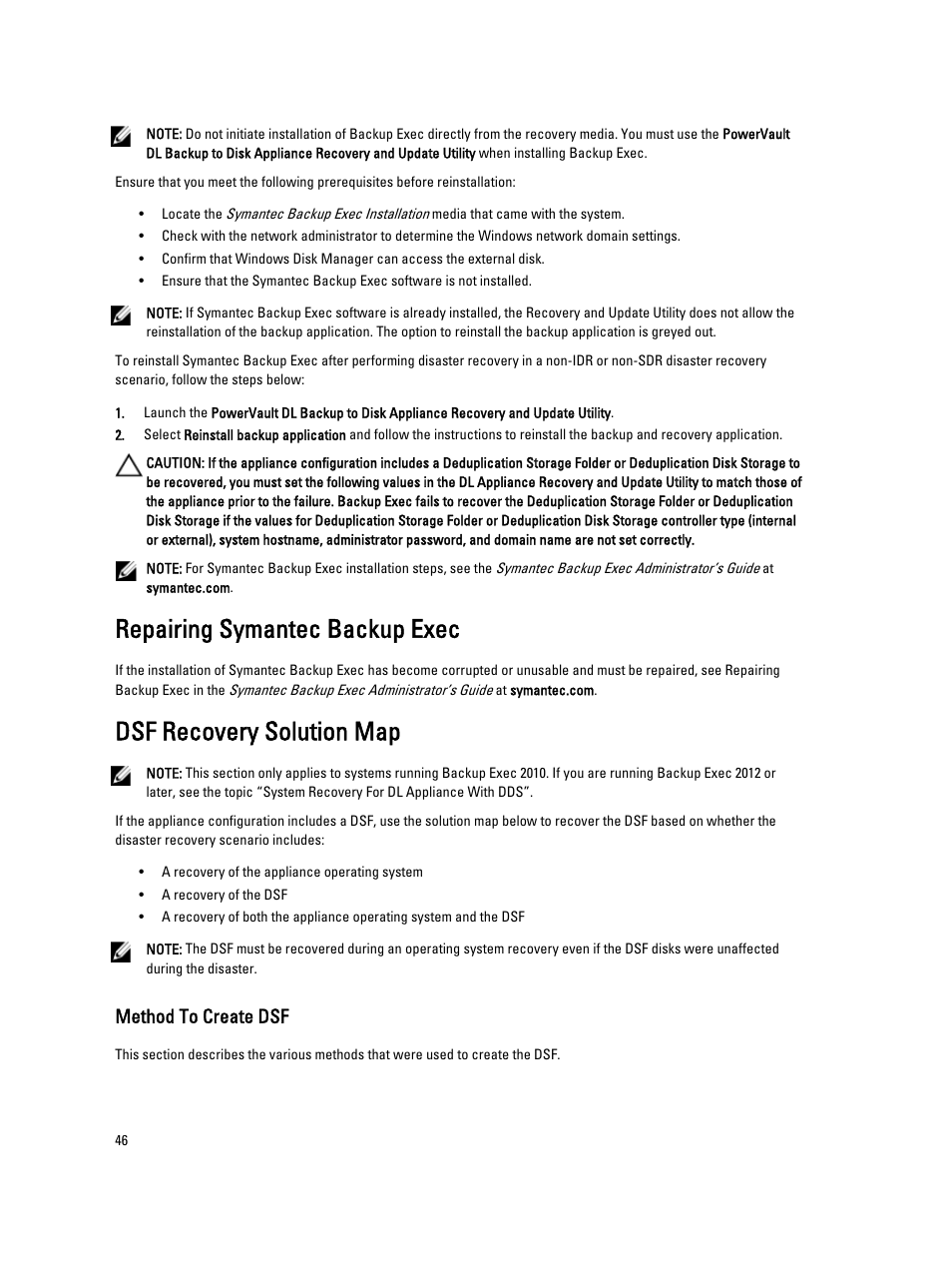 Repairing symantec backup exec, Dsf recovery solution map, Method to create dsf | Dell PowerVault DL2000 User Manual | Page 46 / 69