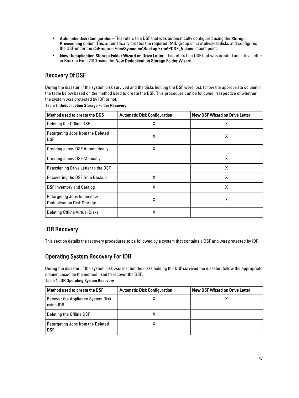 Recovery of dsf, Idr recovery, Operating system recovery for idr | Dell PowerVault DL2000 User Manual | Page 47 / 69