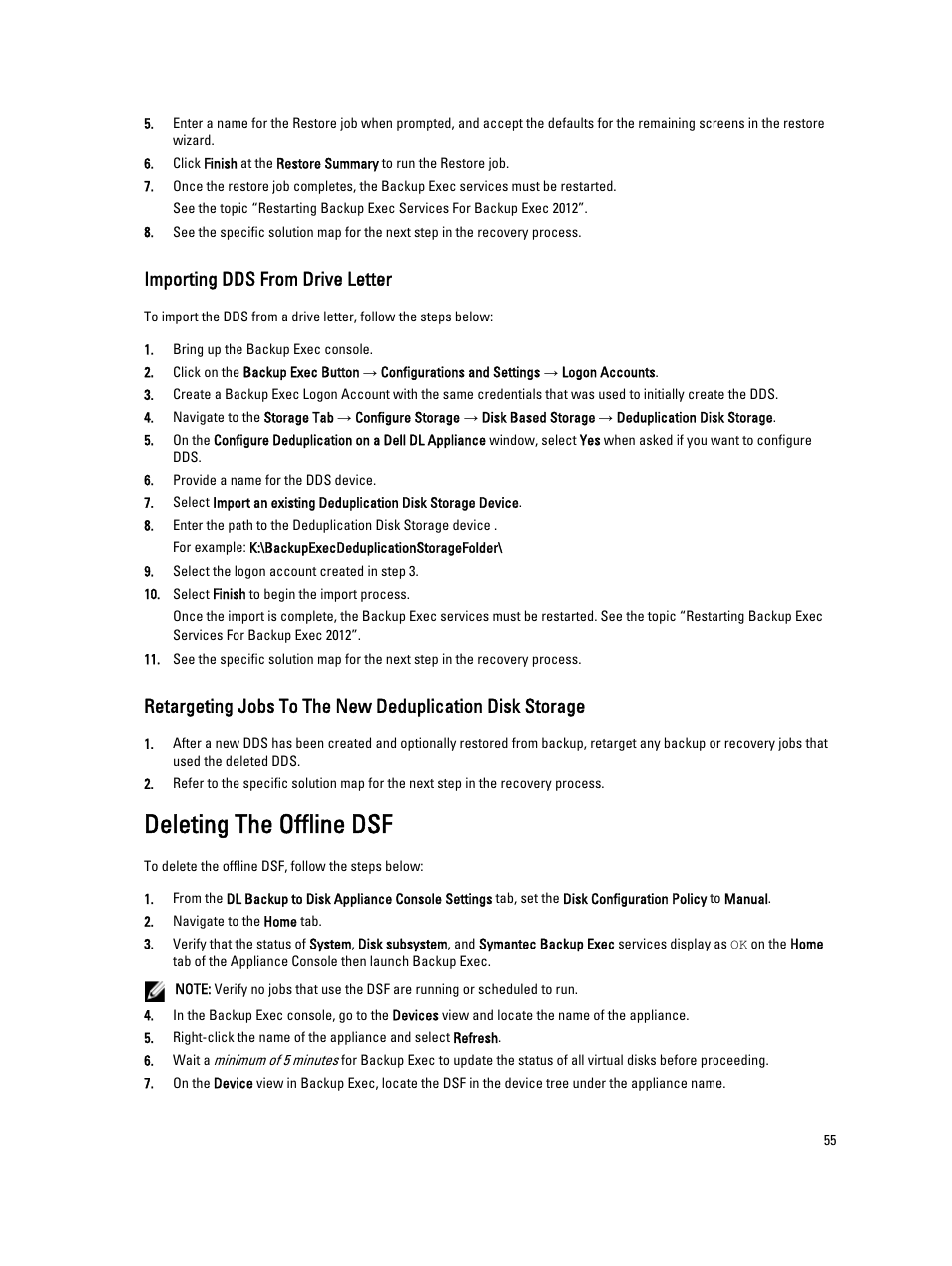 Importing dds from drive letter, Deleting the offline dsf | Dell PowerVault DL2000 User Manual | Page 55 / 69