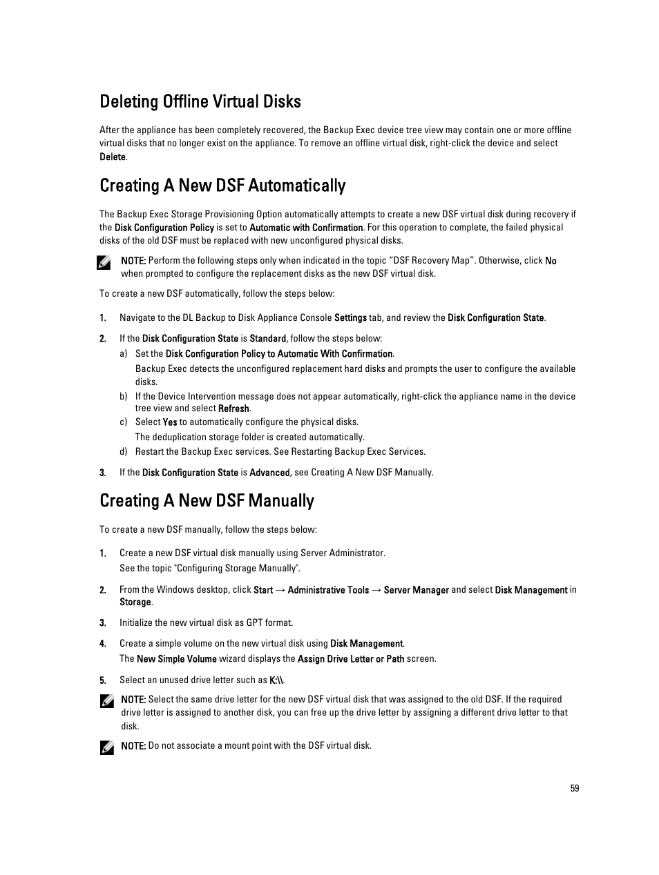 Deleting offline virtual disks, Creating a new dsf automatically, Creating a new dsf manually | Dell PowerVault DL2000 User Manual | Page 59 / 69