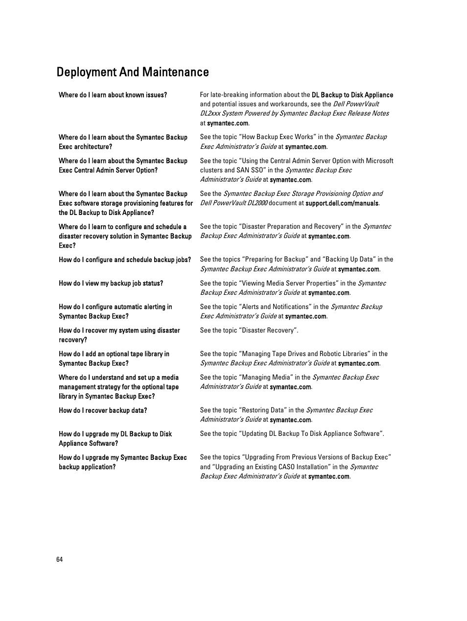 Deployment and maintenance | Dell PowerVault DL2000 User Manual | Page 64 / 69
