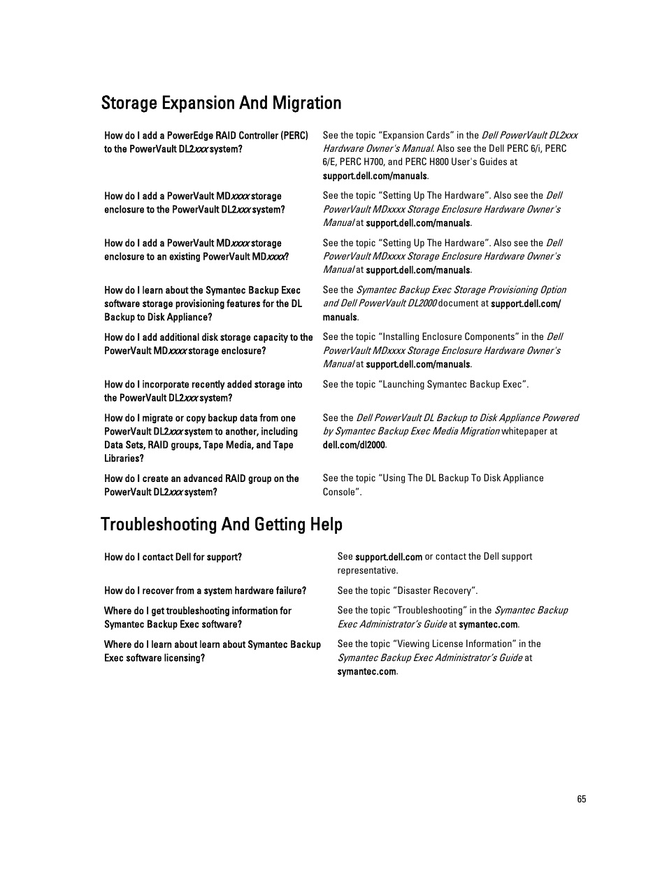Storage expansion and migration, Troubleshooting and getting help | Dell PowerVault DL2000 User Manual | Page 65 / 69