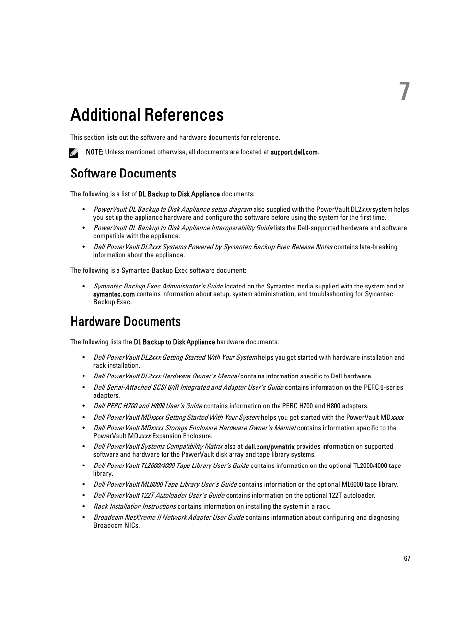 Additional references, Software documents, Hardware documents | 7 additional references | Dell PowerVault DL2000 User Manual | Page 67 / 69