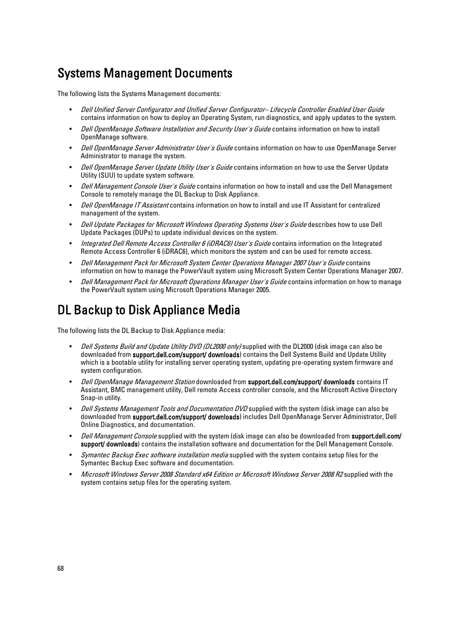 Systems management documents, Dl backup to disk appliance media | Dell PowerVault DL2000 User Manual | Page 68 / 69