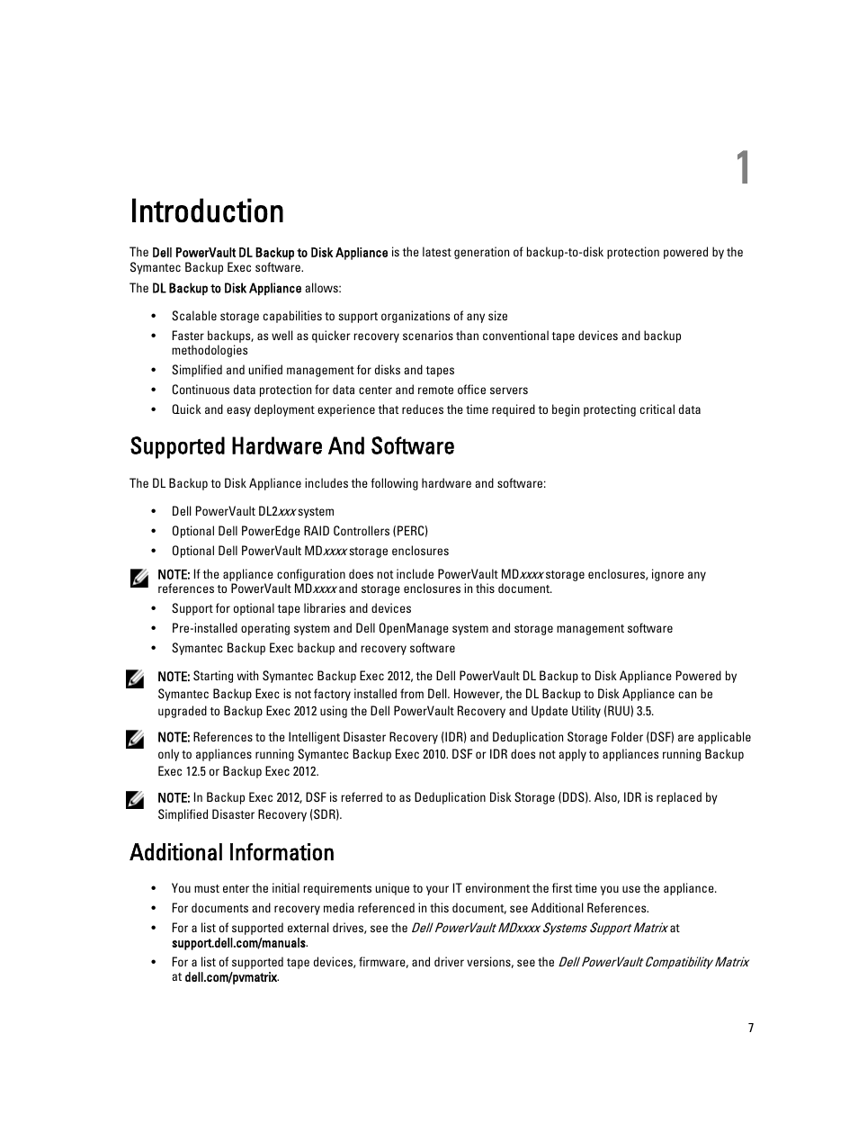 Introduction, Supported hardware and software, Additional information | 1 introduction | Dell PowerVault DL2000 User Manual | Page 7 / 69