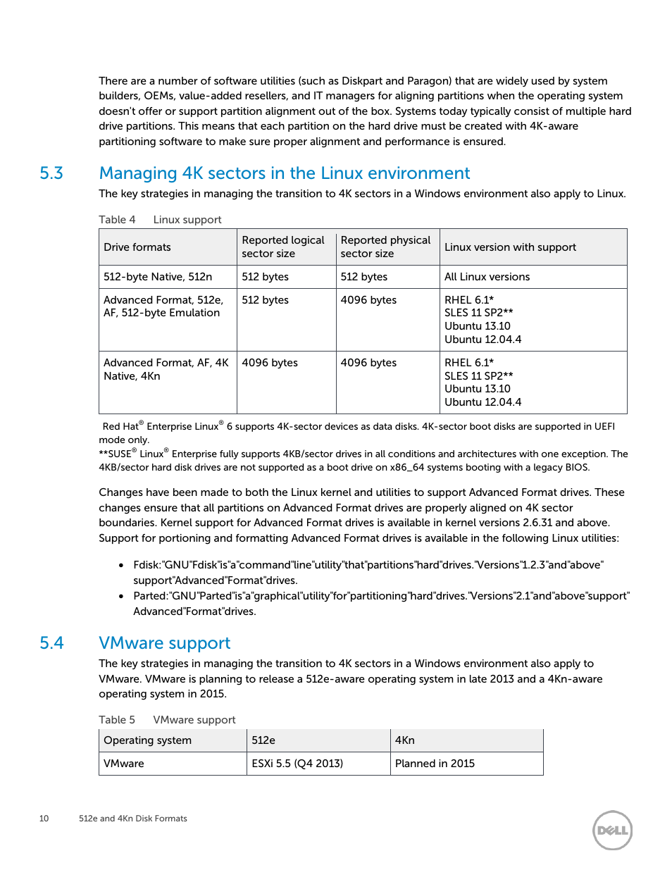 3 managing 4k sectors in the linux environment, 4 vmware support, Managing 4k sectors in the linux environment | Vmware support | Dell PowerEdge T630 User Manual | Page 10 / 12