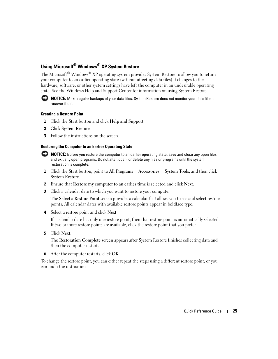 Using microsoft, Windows, Xp system restore | Dell OptiPlex 170L User Manual | Page 25 / 128