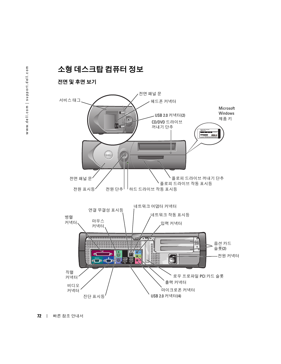 소형 데스크탑 컴퓨터 정보, 전면 및 후면 보기 | Dell OptiPlex 170L User Manual | Page 72 / 128